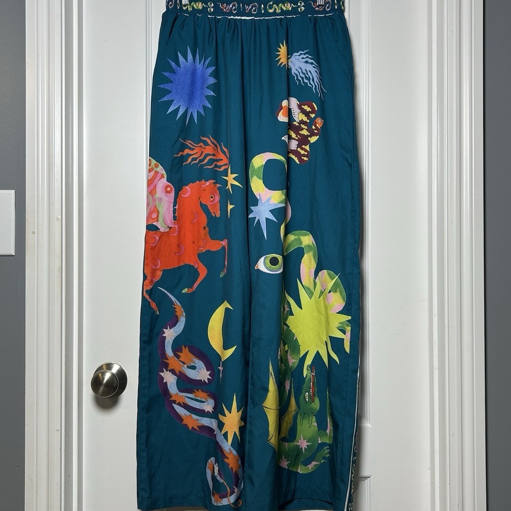 Teal Mythical Celestial Dragon Pegasus Wide Leg Palazzo Pants Psychedelic Style